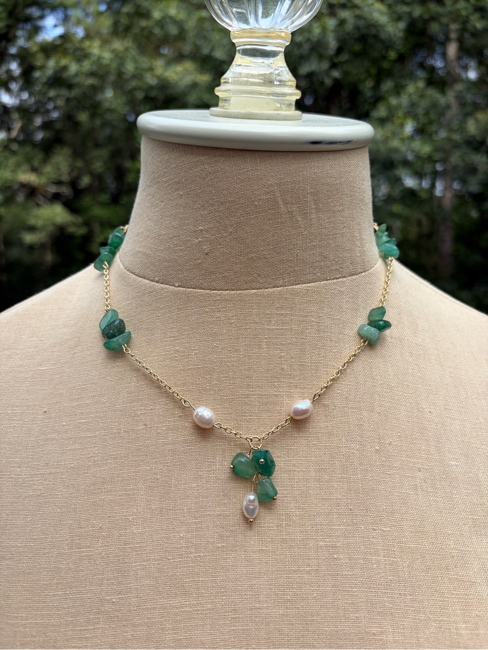 N14 Handmade Green Aventurine and Freshwater Pearl Dainty Necklace